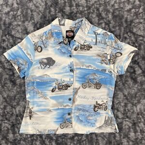 VTG Harley Davidson Shirt Button Collared Nature Gator Bison AOP Mountain USA 90